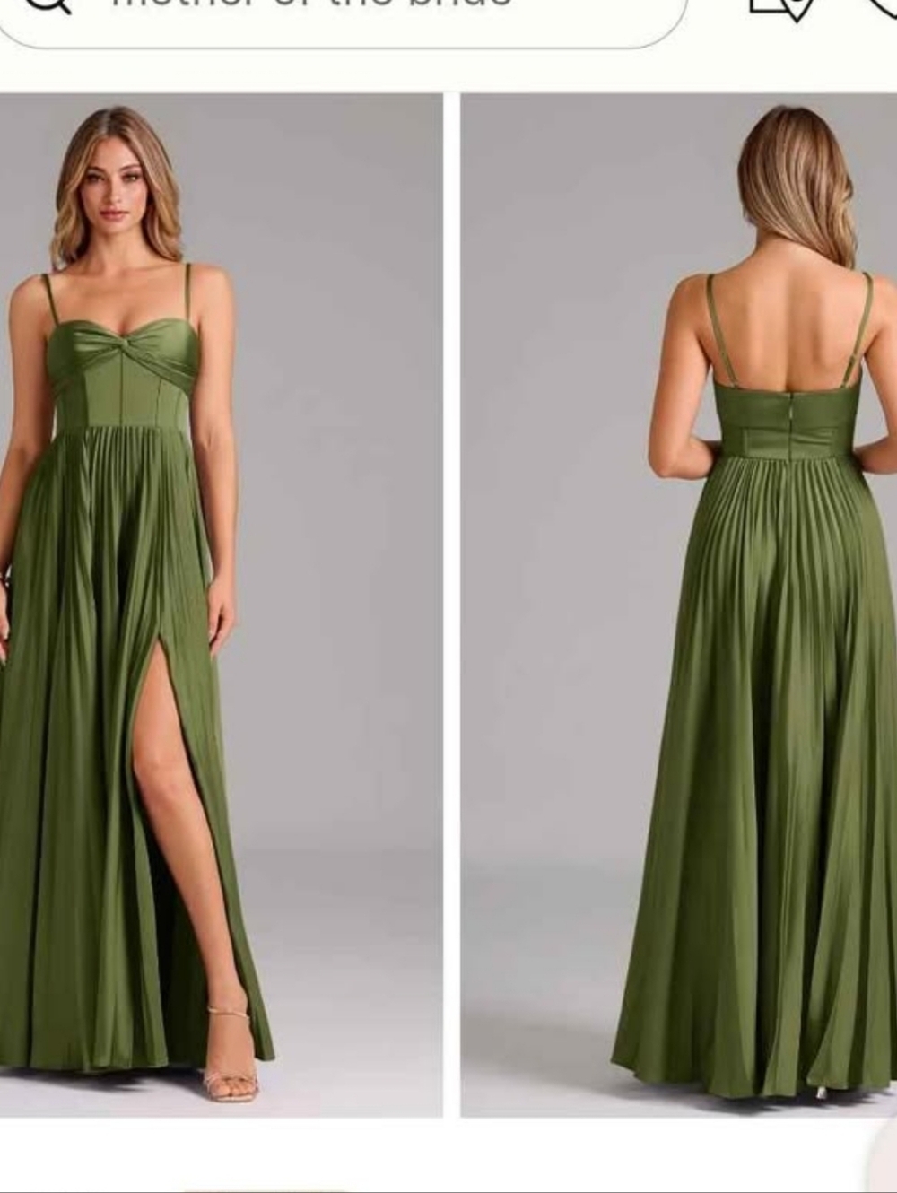 Azazie Olive Green Pleated Spaghetti Strap Maxi Dress